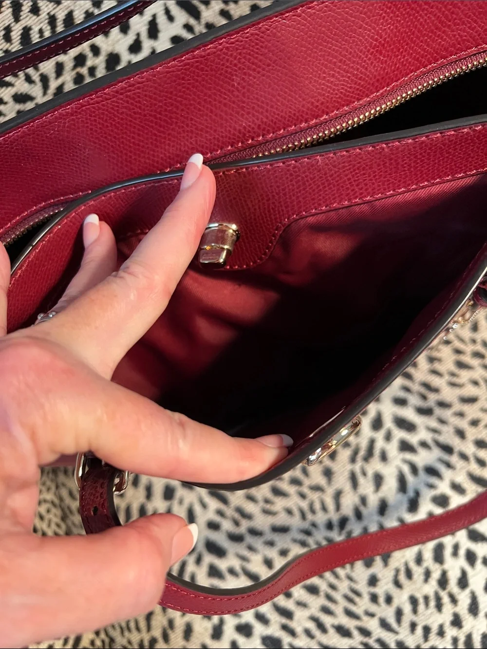 Coach Burgundy Leather Tote with Gold-Tone  Turnlock - Cherry Red